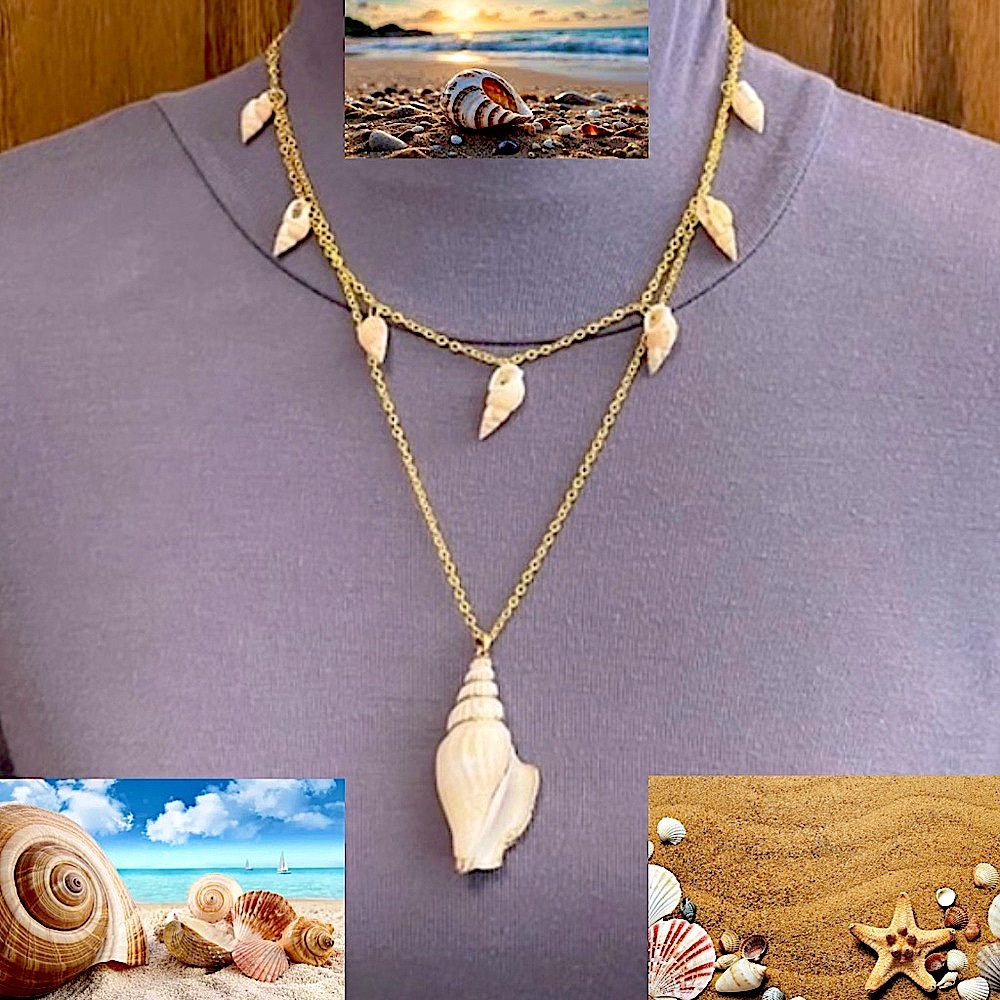 Seashell 2-Layer Boho Beach Handmade Gold Necklace, Real Spiral Seashells